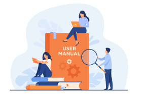 A flat illustration of a user manual with people looking at it.
